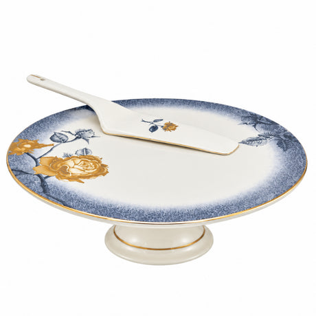 Floral Cake Stand With Lifter White/Blue