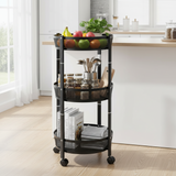 3 Tier Round Rotating Storage Trolley With Wheels Black