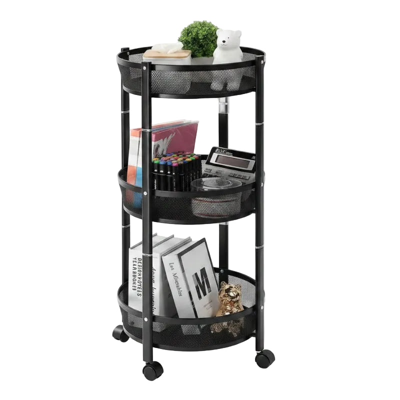 3 Tier Round Rotating Storage Trolley With Wheels Black