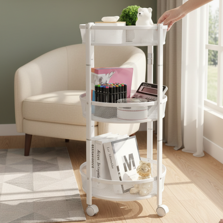 3 Tier Round Rotating Storage Trolley With Wheels White