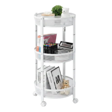 3 Tier Round Rotating Storage Trolley With Wheels White