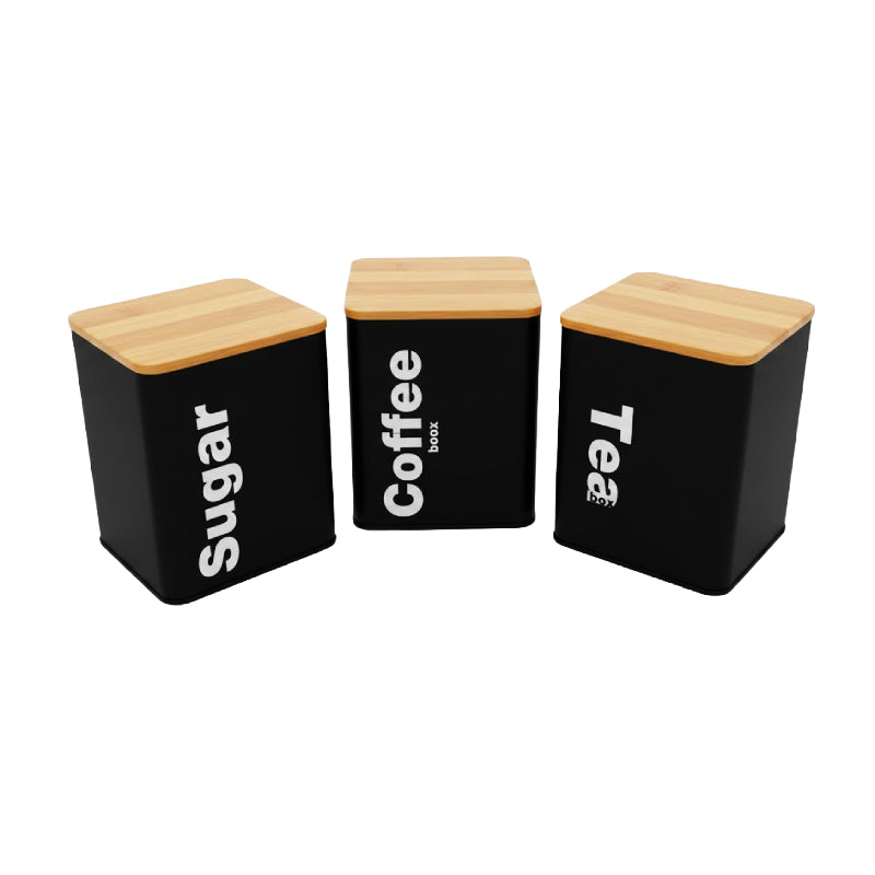 Metal Jar Black 1.3L With Bamboo Lid (Set of 3pcs)