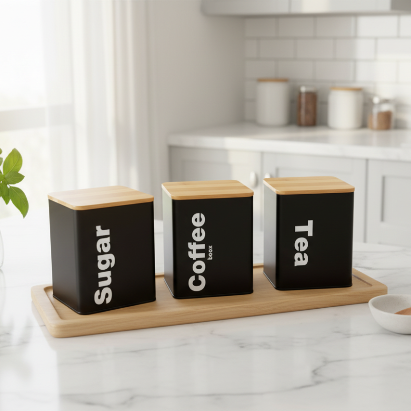 Metal Jar Black 1.3L With Bamboo Lid (Set of 3pcs)