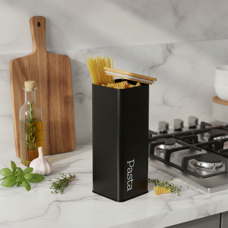 Metal Pasta Storage Jar 26.5cm Black With Bamboo Lid