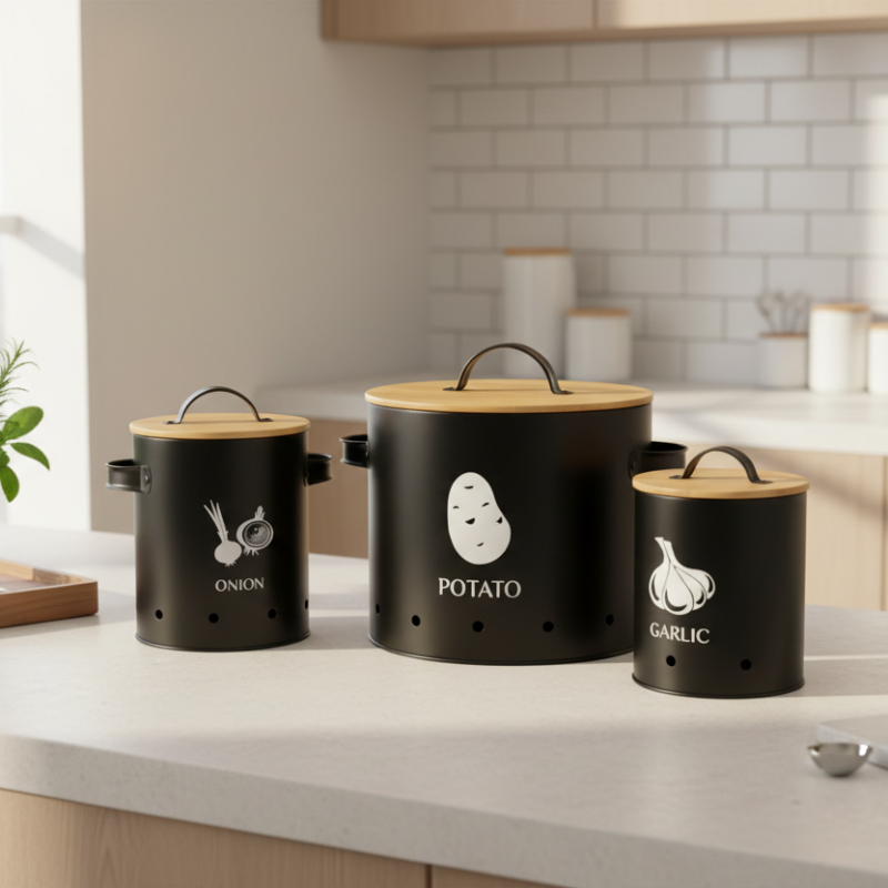 Metal Storage Canister Black With Lid & Handle (Set of 3)