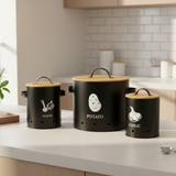 Metal Storage Canister Black With Lid & Handle (Set of 3)