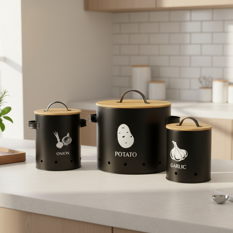 Metal Storage Canister Black With Lid & Handle (Set of 3)