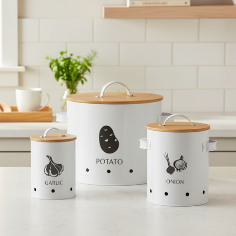 Metal Storage Canister White With Lid & Handle (Set of 3)