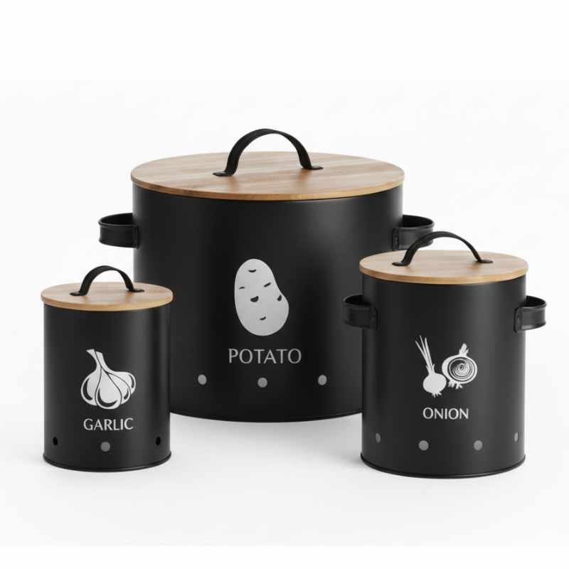 Metal Storage Canister Black With Bamboo Lid & Handle (Set of 3)