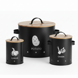 Metal Storage Canister Black With Bamboo Lid & Handle (Set of 3)
