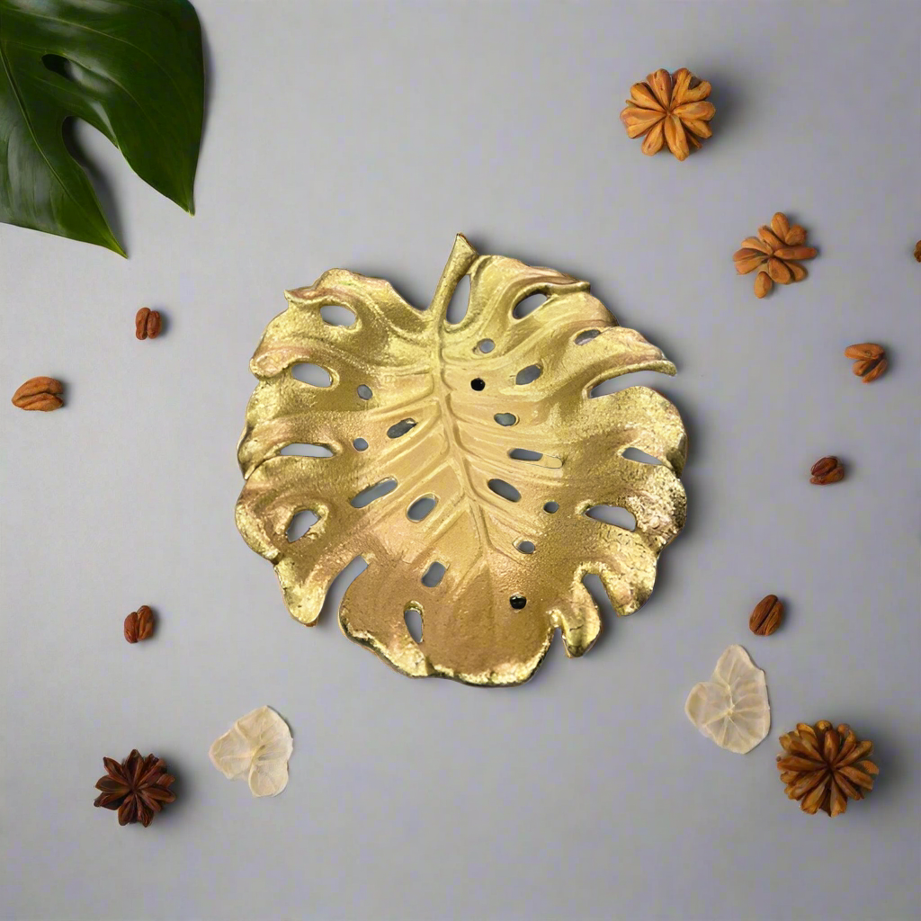 Monstera Leaf Dry Fruit Serving Tray Antique Gold Large