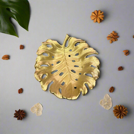 Monstera Leaf Dry Fruit Serving Tray Antique Gold Large