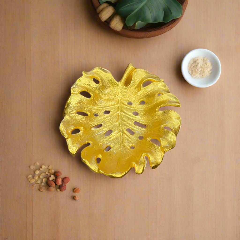 Monstera Leaf Dry Fruit Serving Tray Gold Large