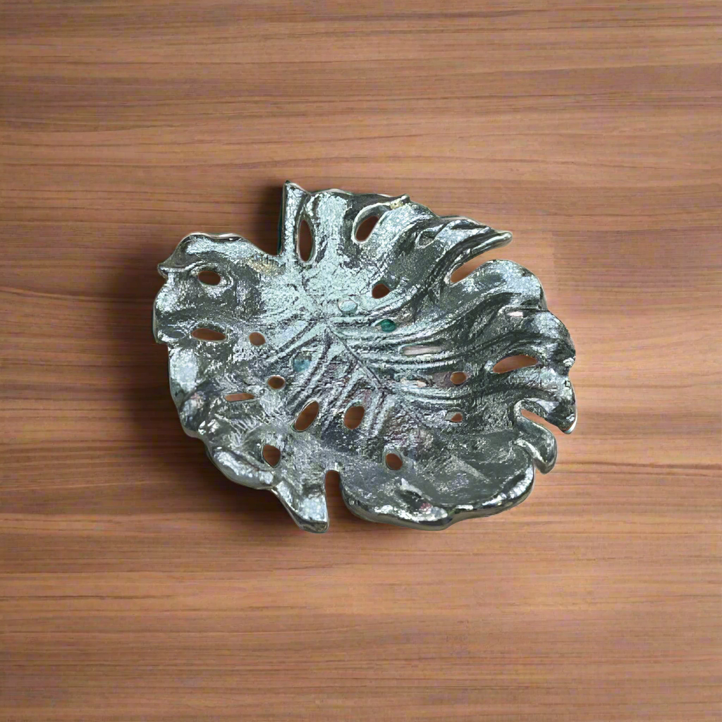 Monstera Leaf Dry Fruit Serving Tray Silver Large