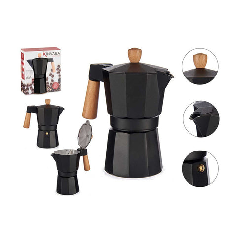 6 Cups Black Aluminium Coffee Maker Wood Handle