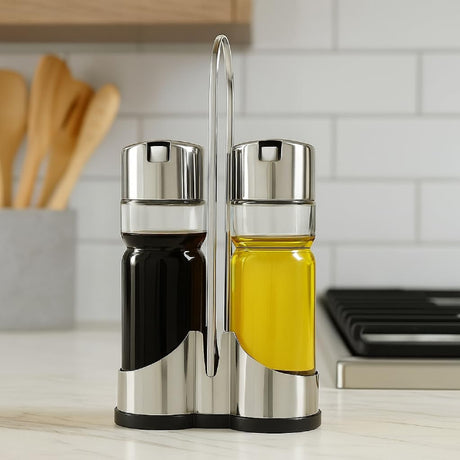 Glass Oil & Vinegar Bottle With Stainless Steel Stand