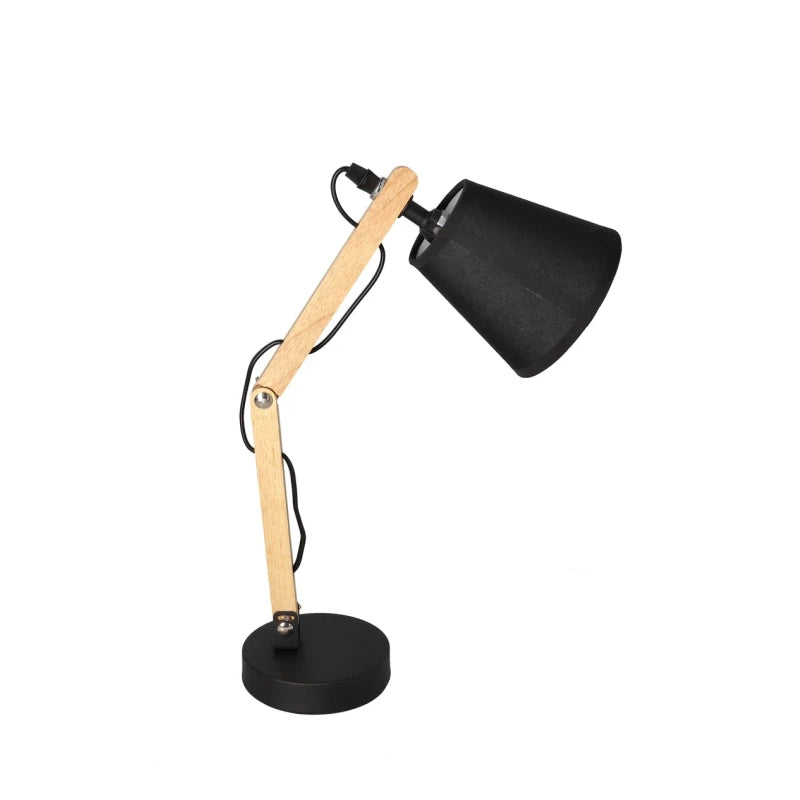Black wooden desk lamp with adjustable arm and black cone shade