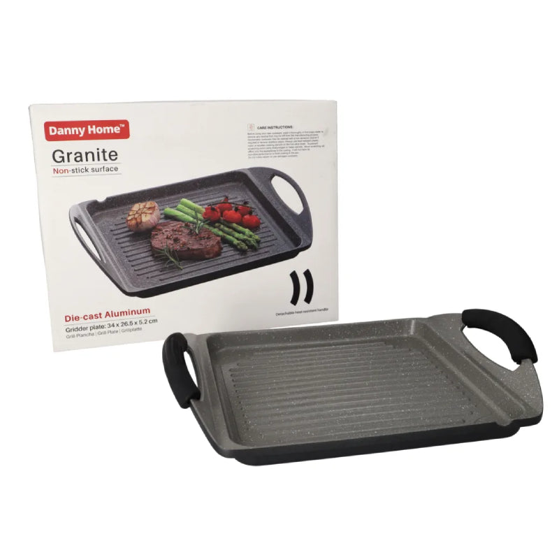 Granite gridder grill plate with two side handles, dark nonstick ridged surface, 35.8 cm