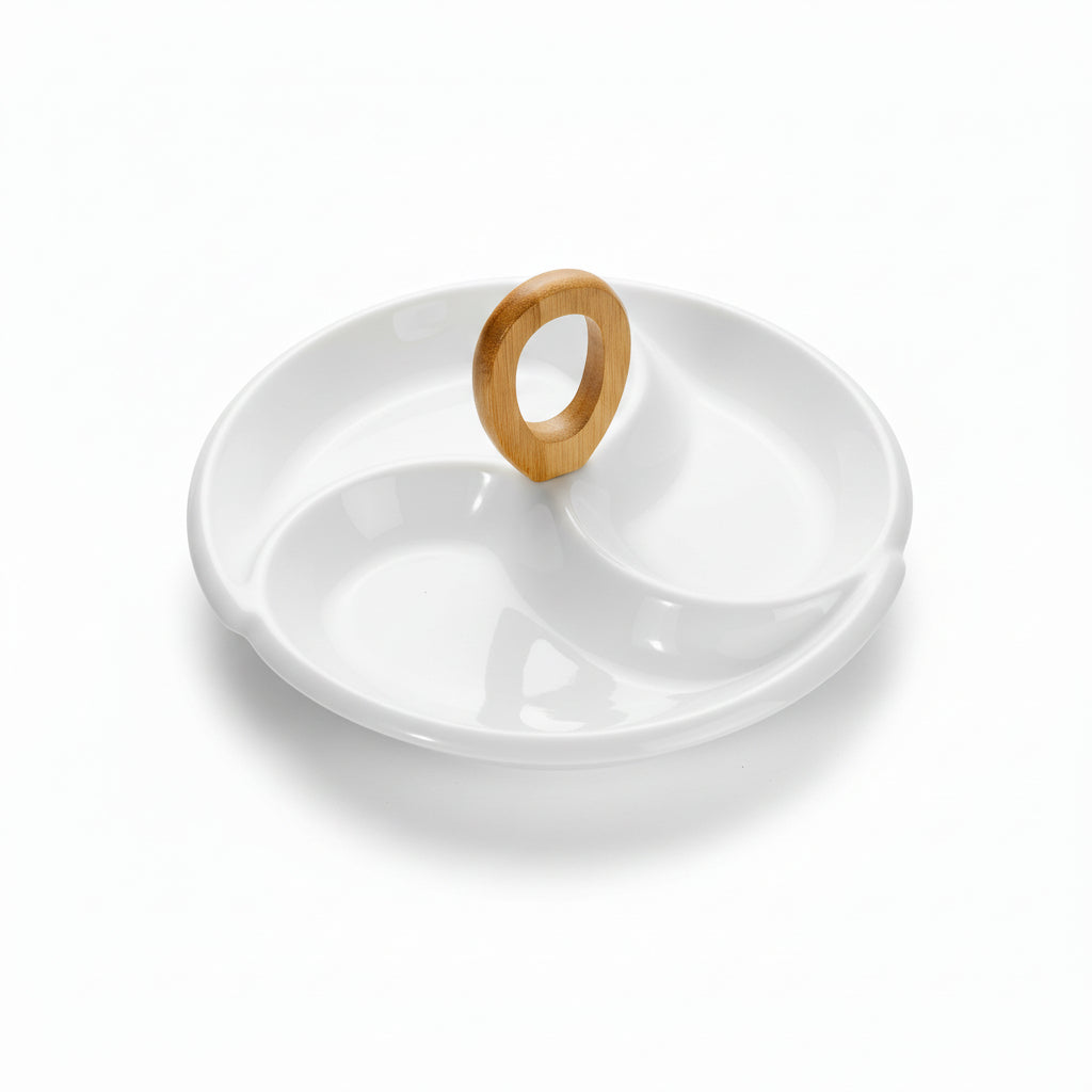 Porcelain 3 Division Serving Fruit Dish Wood Handle