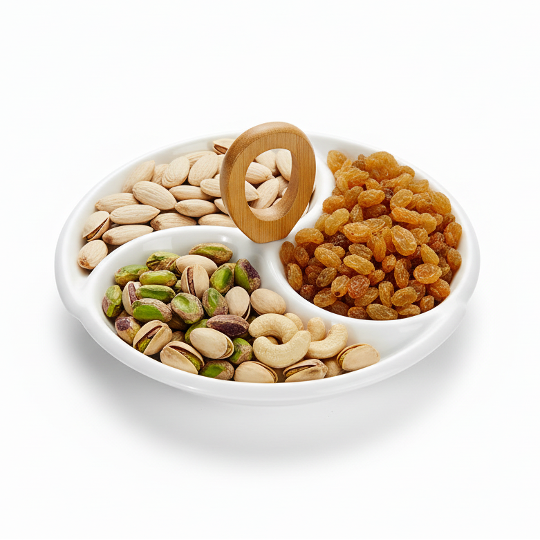 Porcelain 3 Division Serving Dry Fruit Dish Wood Handle