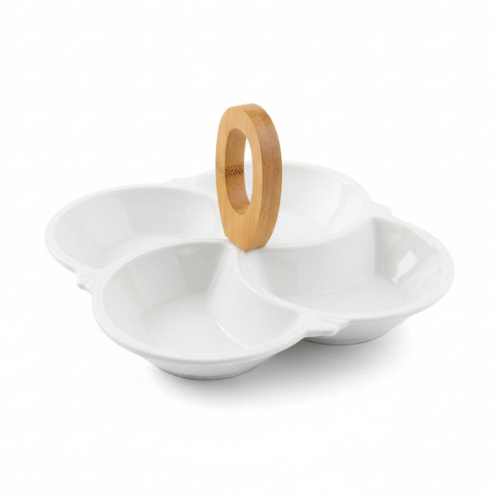 Porcelain 4 Division Serving Fruit Dish Wood Handle
