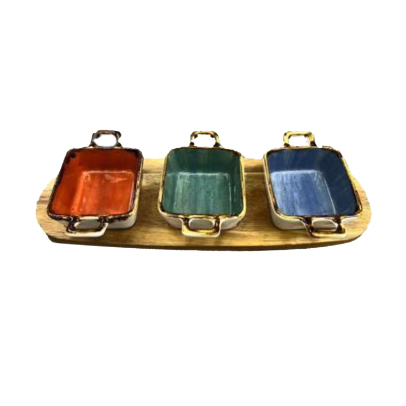 Porcelain Dessert Rectangle Dish 4.25" with Wooden Tray (Set of 4)