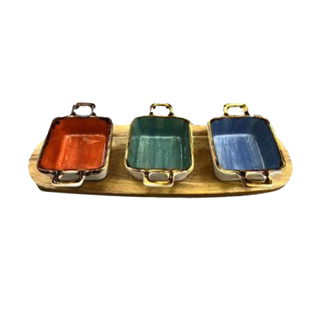 Porcelain Dessert Rectangle Dish 4.25" with Wooden Tray (Set of 4)