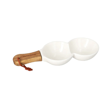 Porcelain Round 2-Compartment Condiment Tray with Wood Handle 10.2"
