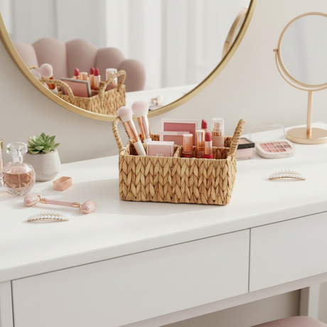 Rectangular Straw Organizer Basket With 3 Holes