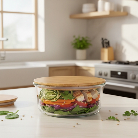 Round Glass Container Box With Bamboo Cap 620ml