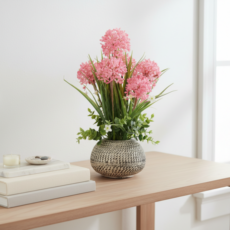 Artificial Flowers in Round Rustic Pot