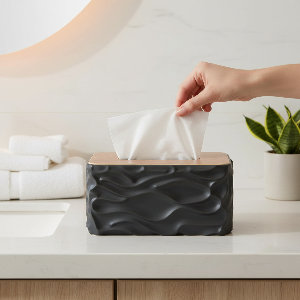 Wavy Textured Tissue Box With Wooden Lid Black
