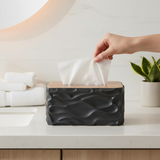 Wavy Textured Tissue Box With Wooden Lid Black
