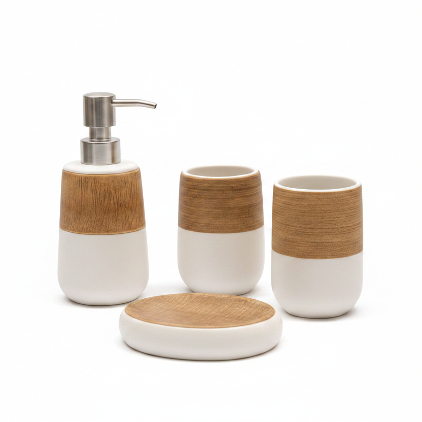Bath Set White and Brown 4pcs