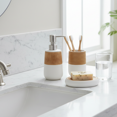 Bath Set White and Brown 4pcs