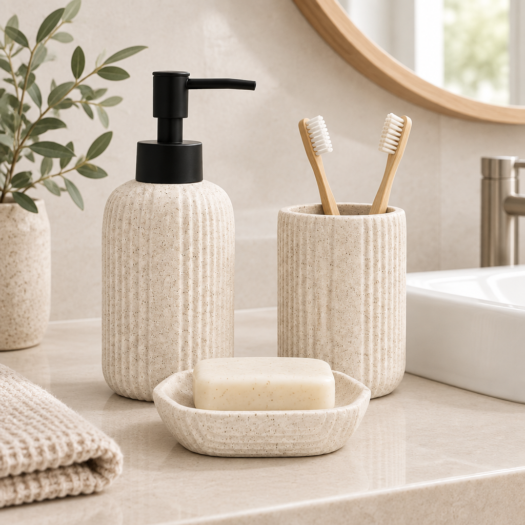 Ceramic Bathroom Set Stone Beige (Set of 3 Pcs)