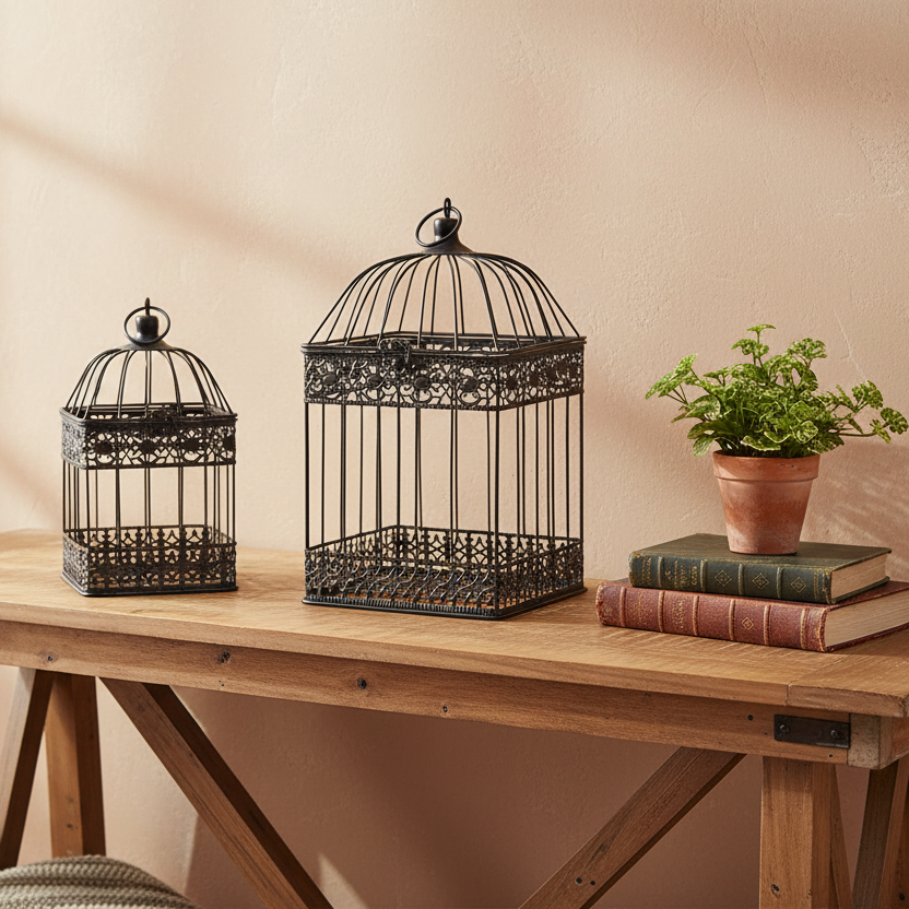 Square Black Metal Cages Set of 2
