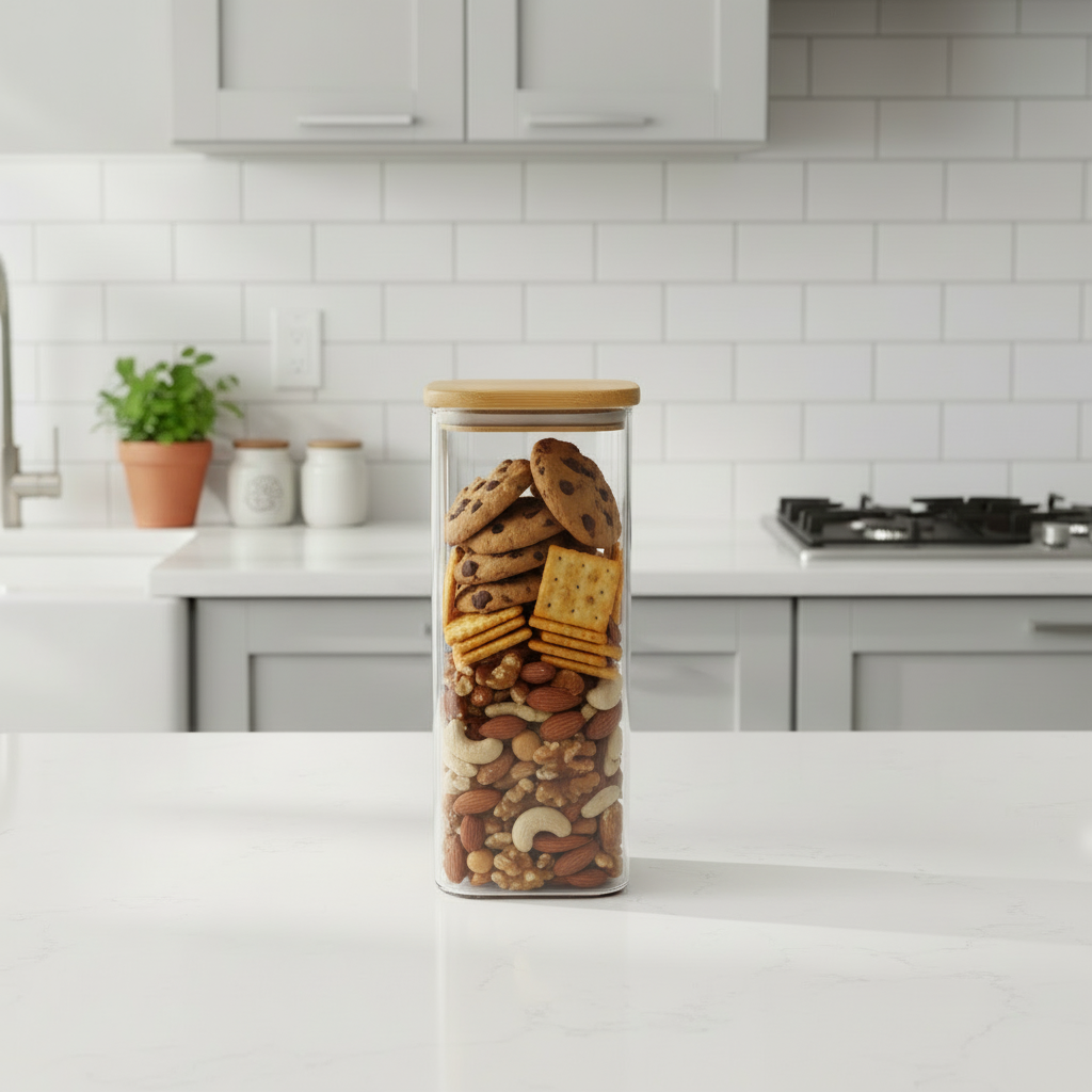 Square Glass Snack Storage Container With Wood Lid 1800ml