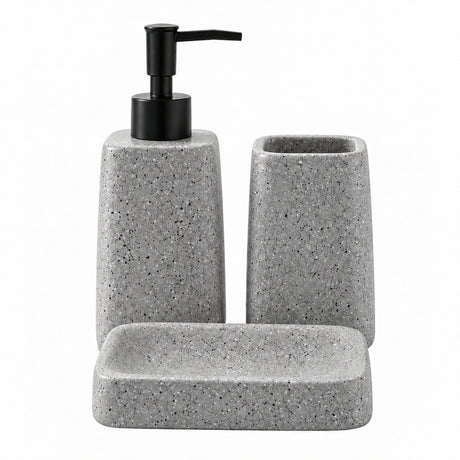 Stone grey ceramic bathroom set with soap dispenser pump and toothbrush holders