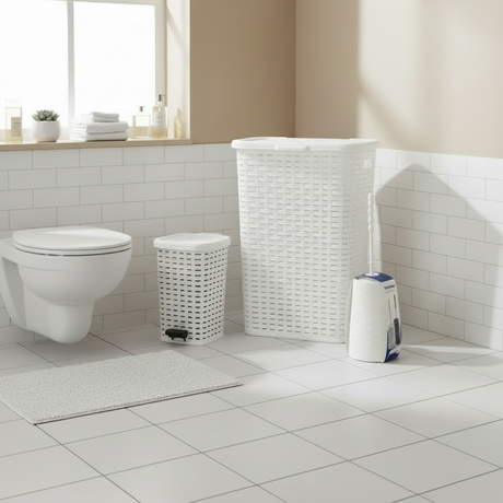 Laundry Basket, Dustbin & Toilet Brush Set Rattan White