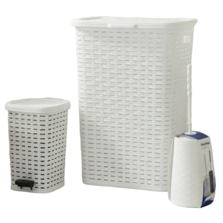 Laundry Basket, Dustbin & Toilet Brush Set Rattan White