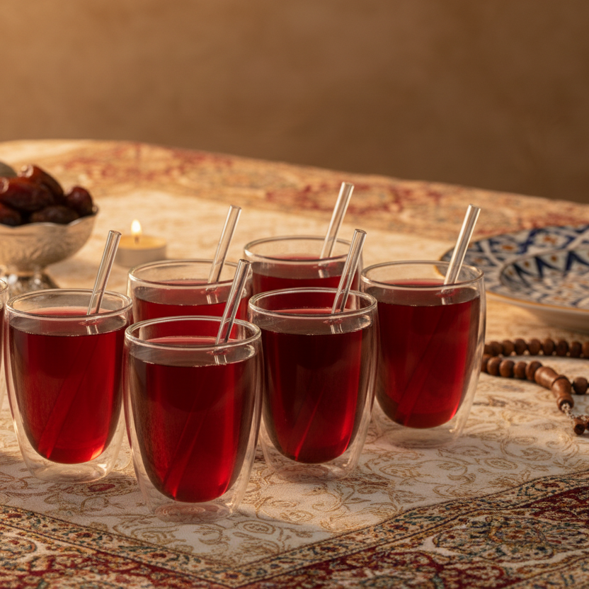Set Of 6 Double Wall Glasses 350ml With 6 Glass Straws 20cm