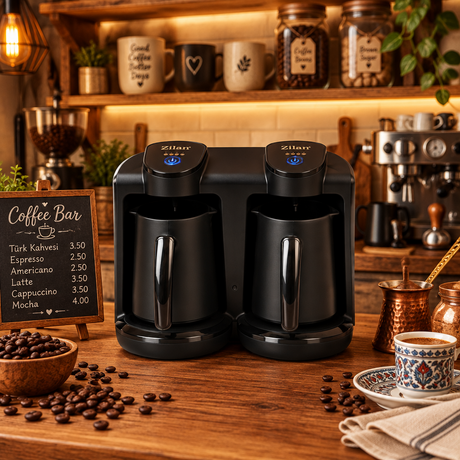 Turkish-Greek coffee maker, black twin base with two spouts and glass jugs