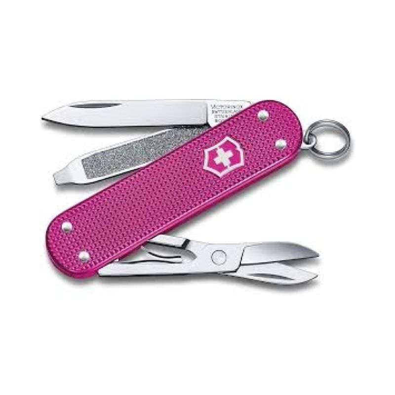 Pink textured Victorinox multi-tool pocket knife, silver blades, Swiss cross, key ring
