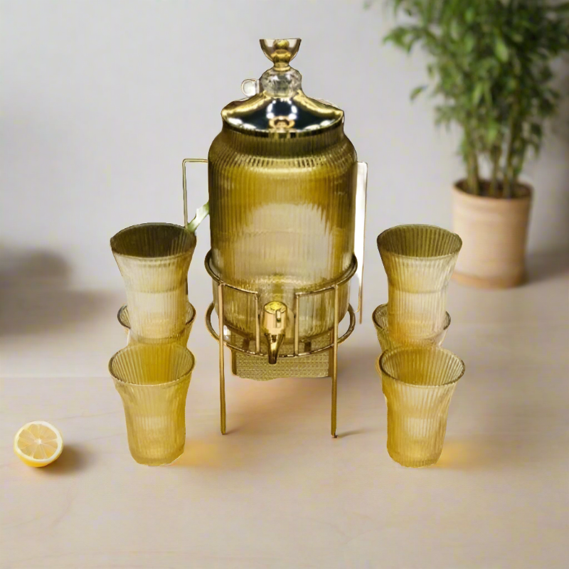 Glass Beverage Dispenser & Glass 6 pcs Sets Gold