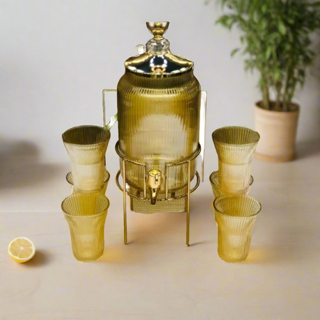 Glass Beverage Dispenser & Glass 6 pcs Sets Gold
