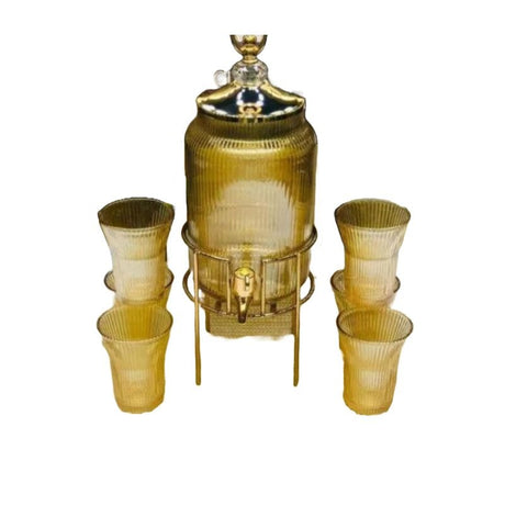 Glass Beverage Dispenser & Glass 6 pcs Sets Gold