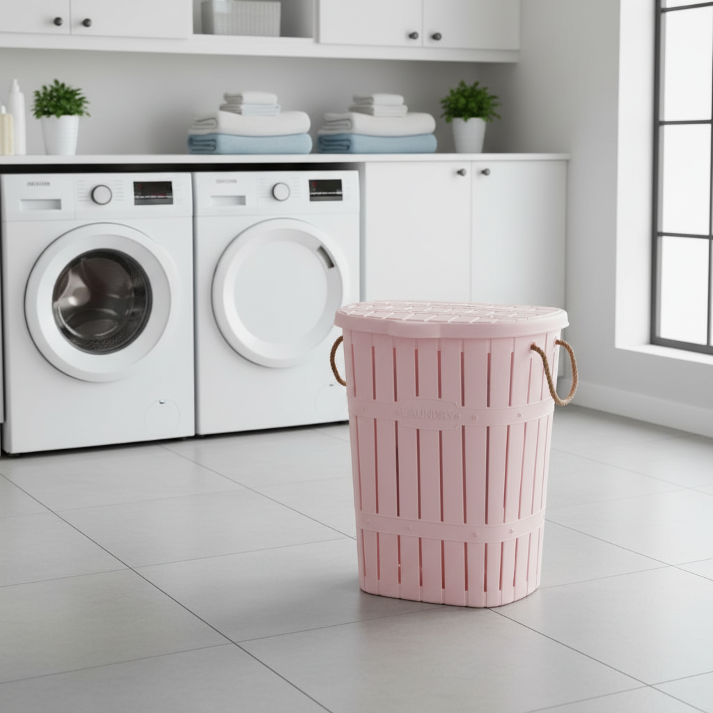 Bamboo Laundry Basket With Rope Pink Powder