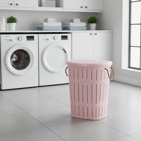 Bamboo Laundry Basket With Rope Pink Powder