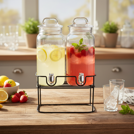 2 Pcs Glass Dispenser With Black Iron Stand 2300ml